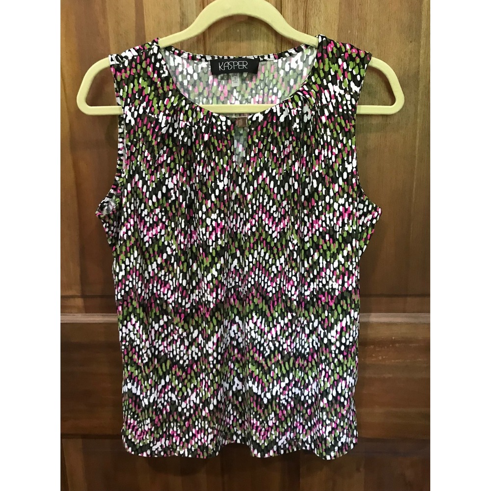 Kasper‎ Womens Sleeveless Abstract Chevron Print Blouse Green Pink Black Small